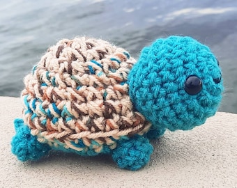 Turtle Plush | Stuffed Plushie Toy | 5 Inches | Handmade Crocheted | Smiling | Jade Green With Light Brown & Reef Blues Multicolored Shell