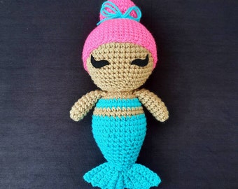 Mermaid Doll Plush | Stuffed Decoration Plushie Toy | 12 Inches | Handmade Crocheted | Tan Skin | Aquamarine Blue Tail & Pink Hair Bun