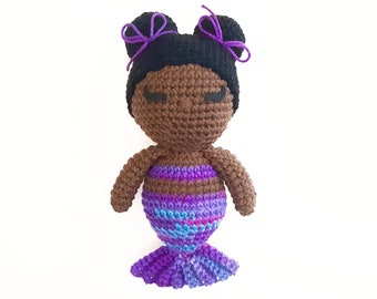 Mermaid Doll Plush | Stuffed Decoration Plushie Toy | 11 Inches | Handmade Crocheted | Dark Skin | Purple Multicolored Tail Black Hair Buns