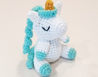 Unicorn Plush | Stuffed Decoration Plushie Toy | 7 Inches | Sleepy Sleeping | Handmade Crocheted | White | Light Aqua Blueish Green Minty