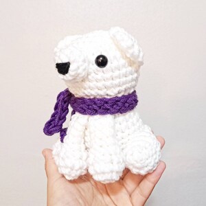 Polar Bear Plush Stuffed Decoration Plushie Toy 6 Inches Handmade Crocheted Snowy White with Blue Scarf image 7