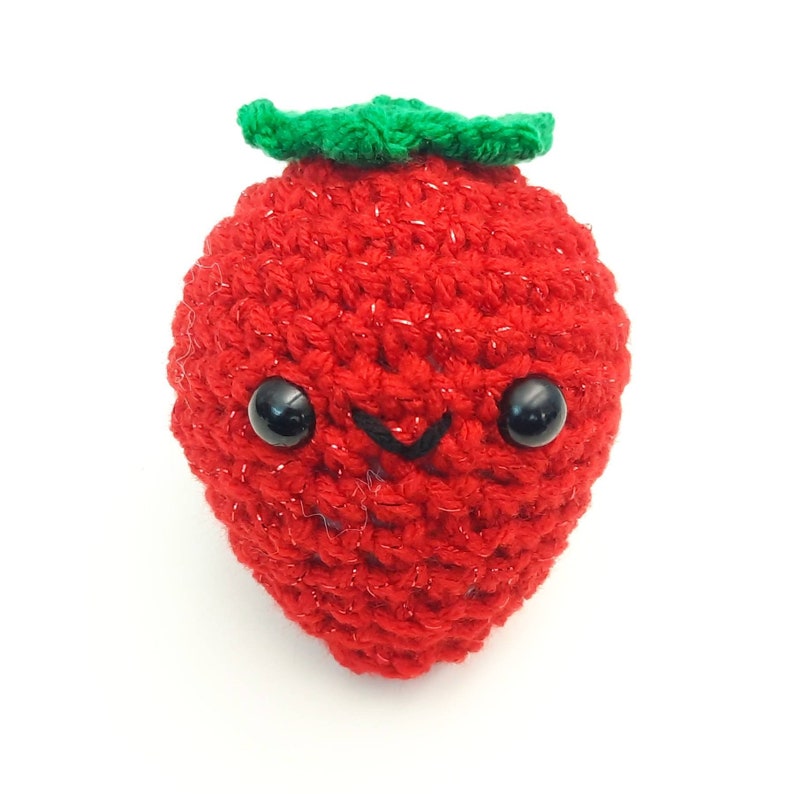 Strawberry Plush Stuffed Decoration Plushie Toy 4 Inches Handmade Crocheted Berry Red Smiling Happy Face Sparkly Red