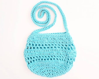 Small Crossbody Bag | Classy Tote | 9 Inches | Handmade Crocheted | Sling Bag | Classic Purs | Boho Style | 100% Cotton | Aquamarine Blue
