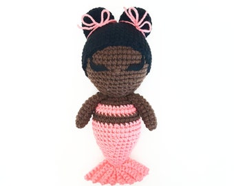 Mermaid Doll Plush | Stuffed Decoration Plushie Toy | 11 Inches | Handmade Crocheted | Dark Skin | Coral Salmon Pink Tail & Black Hair Buns