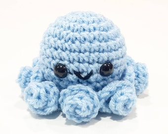 Octopus Plush | Stuffed Decoration Plushie Toy | 3 Inches | Handmade Crocheted | Light Pale Pastel Blue | Optional Smile