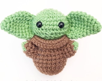 Alien Doll Plush | Baby Critter | Stuffed Decoration Plushie Toy | 6 Inches | Handmade Crocheted | Green | Brown Cloak | Large Ears | Cute