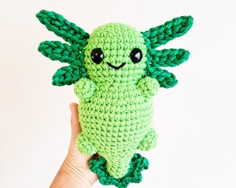 Axolotl Plush | Stuffed Decoration Plushie Toy | Large 9 Inches | Handmade Crocheted | Cute Chonky Smiling Happy Salamander Amphibian Green