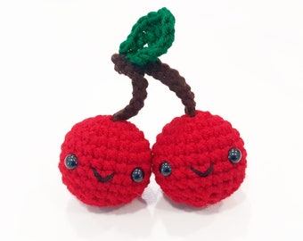 Cherries Plush | Stuffed Decoration Plushie Toy | 5 Inches | Handmade Crocheted | Cherry Red | Smiling Happy Face