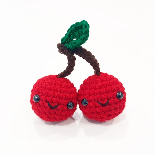 Cherries Plush | Stuffed Decoration Plushie Toy | 5 Inches | Handmade Crocheted | Cherry Red | Smiling Happy Face