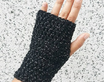 Fingerless Gloves | Basic Wristers | Fingerless Mittens | Winter Accessories | Texting Gloves | Handmade Crocheted | Black With Silver Fleck