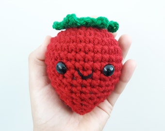 Strawberry Plush | Stuffed Decoration Plushie Toy | 4 Inches | Handmade Crocheted | Berry Red | Smiling Happy Face