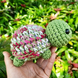 Turtle Plush | Stuffed Plushie Toy | 5 Inches | Handmade Crocheted | Green & Pink Multicolored Shell | Optional Smiling Happy Face