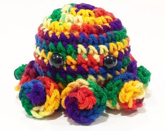 Octopus Plush | Stuffed Decoration Plushie Toy | 3 Inches | Handmade Crocheted | Rainbow Bright Multicolored | Gay Pride | Optional Smile
