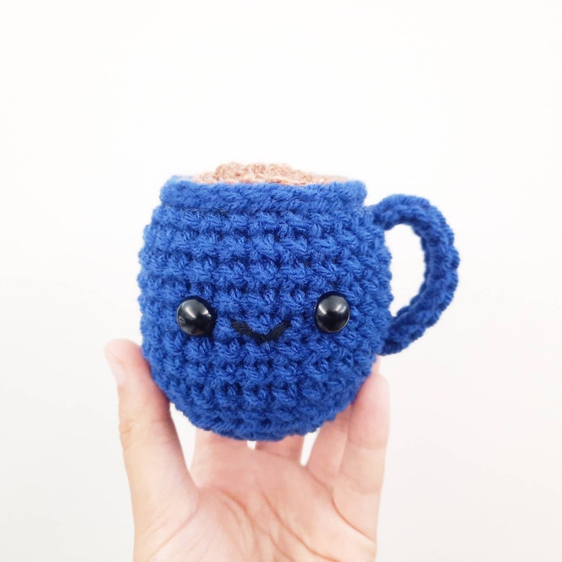 Stuffed Coffee Mug Cute Smiling Decoration Plushie Toy Small Handheld 3 Inches Handmade Crocheted Dark Royal Blue image 3