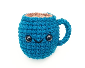 Stuffed Coffee Mug | Cute Smiling Decoration Plushie Toy | Small Handheld | 3 Inches | Handmade Crocheted | Teal Blue