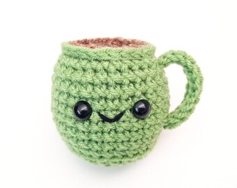 Stuffed Coffee Mug | Cute Smiling Decoration Plushie Toy | Small Handheld | 3 Inches | Handmade Crocheted | Light Tea Leaf / Spring Green