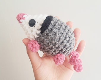 Opossum Plush | Stuffed Decoration Plushie Toy | Small 6 Inches Long | 3 Inches Wide | Handmade Crocheted | Cute Chonky Chubby Handheld Baby