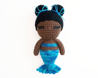 Mermaid Doll Plush | Stuffed Decoration Plushie Toy | Handmade Crocheted | African American | Blue Multicolored Tail | Black Hair Buns