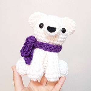 Polar Bear Plush Stuffed Decoration Plushie Toy 6 Inches Handmade Crocheted Snowy White with Blue Scarf image 6