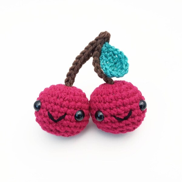 Cherries Plush | Stuffed Decoration Plushie Toy | 5 Inches | Handmade Crocheted | Cherry Berry | Dark Pink | Smiling Happy Face