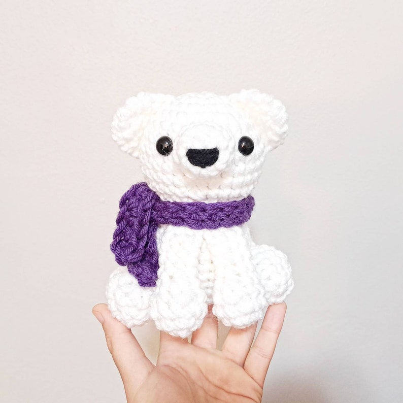 Polar Bear Plush Stuffed Decoration Plushie Toy 6 Inches Handmade Crocheted Snowy White with Blue Scarf image 5