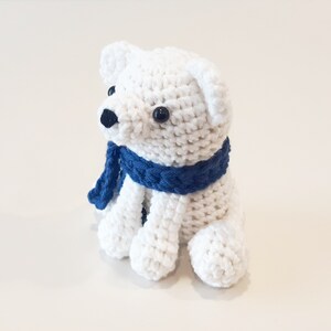 Polar Bear Plush Stuffed Decoration Plushie Toy 6 Inches Handmade Crocheted Snowy White with Blue Scarf image 3