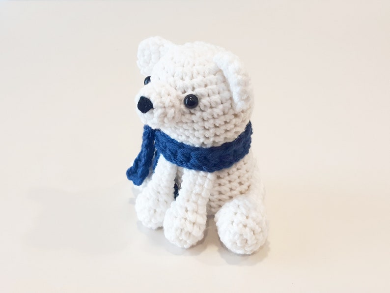 Polar Bear Plush Stuffed Decoration Plushie Toy 6 Inches Handmade Crocheted Snowy White with Blue Scarf image 3