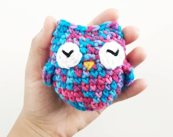 Owl Plush | Stuffed Decoration Toy | 3 Inches | Handmade Crocheted | Blue & Pink Multicolored