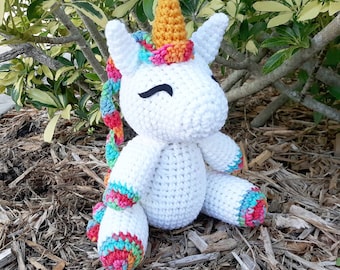 Unicorn Plush | Stuffed Decoration Plushie Toy | 12 Inches | Sleepy Sleeping | Handmade Crocheted | White | Rainbow Multicolored Mane & Tail