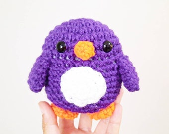 Penguin Plush | Stuffed Decoration Plushie Toy | Small Little Handheld | 4 Inches | Handmade Crocheted | Purple with Orange Nose & Feet