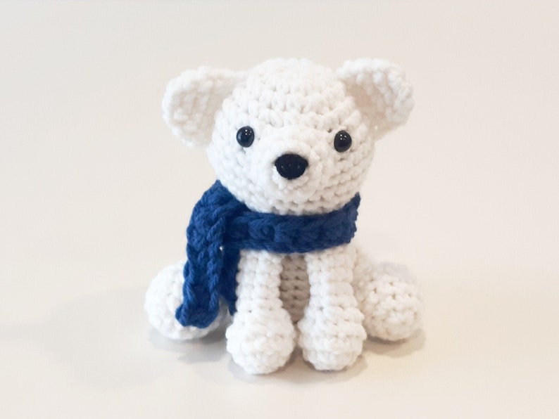 Polar Bear Plush Stuffed Decoration Plushie Toy 6 Inches Handmade Crocheted Snowy White with Blue Scarf image 1