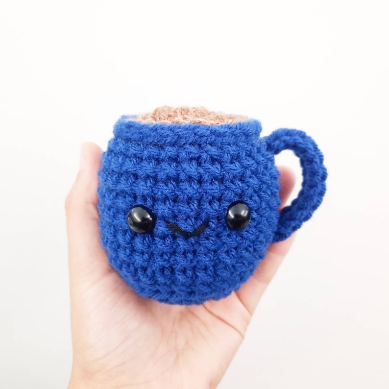 Stuffed Coffee Mug Cute Smiling Decoration Plushie Toy Small Handheld 3 Inches Handmade Crocheted Dark Royal Blue image 2