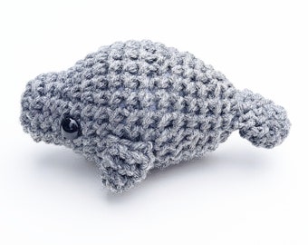 Manatee Plush | Stuffed Decoration Plushie Toy | Small 3 Inches Wide & 7 Inches Long | Handmade Crocheted | Cute Little Fat Chonky | Grey