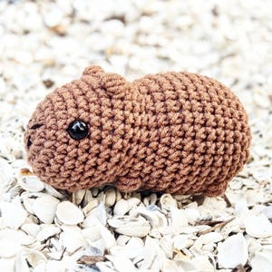 May include: A handmade brown crochet capybara with a black eye. The amigurumi animal is lying on a bed of white seashells. The capybara is a cute, soft, and cuddly toy.