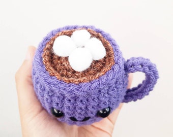 Cup of Cocoa Plushie Toy | Hot Chocolate W/ Marshmallows | Stuffed Decoration | Small Handheld 3 Inches | Handmade Crocheted | Light Purple