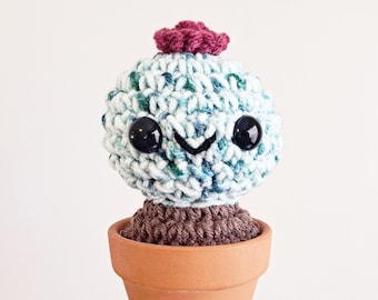 Cactus Plush | Stuffed Decoration Plushie Decor | 5 Inches | Handmade Crocheted | Clay Pot | Happy | Multicolored Green White + Pink Flower