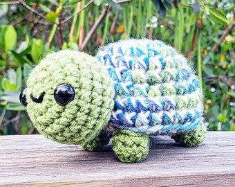 Turtle Plush | Stuffed Plushie Toy | 5 Inches | Handmade Crocheted | Smiling | Light Beige & Blue Green Multicolored Shell