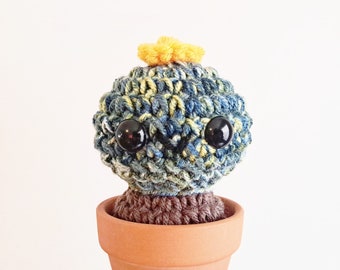 Cactus Plush | Stuffed Decoration Plushie Decor | 5 Inches | Handmade Crocheted | Clay Pot | Happy | Multicolored Green Yellow + Gold Flower