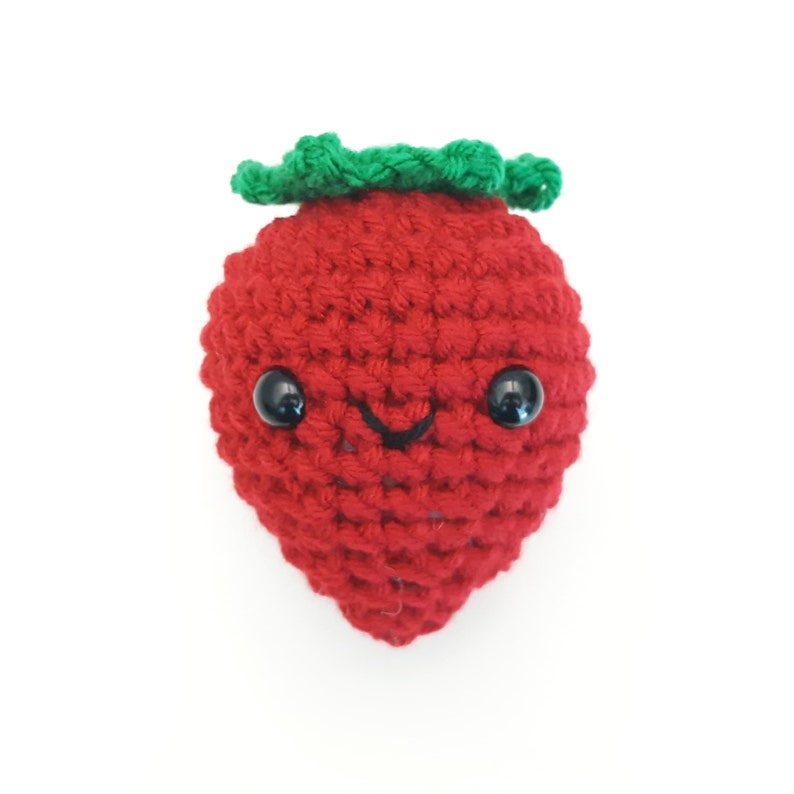 Strawberry Plush Stuffed Decoration Plushie Toy 4 Inches Handmade Crocheted Berry Red Smiling Happy Face Red