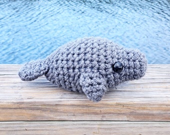 Manatee Plush | Stuffed Decoration Plushie Toy | Large 4 Inches Wide, 9 Inches Long | Handmade Crocheted | Cute Big Fat Chubby Chonky | Grey