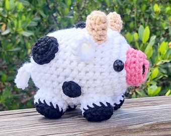 Cow Plush | Stuffed Decoration Plushie Toy | 6 Inches | Little Cute Fat Round | Curly Tail | Handmade Crocheted | White With Black Spots