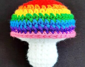 Stuffed Mushroom | Decoration Plushie Toy | 5 Inches | Handmade Crocheted | Small Handheld | Gay Pride Rainbow Multicolored Cap & White Stem