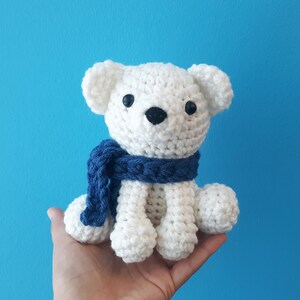 Polar Bear Plush Stuffed Decoration Plushie Toy 6 Inches Handmade Crocheted Snowy White with Blue Scarf image 4