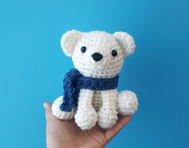 Polar Bear Plush Stuffed Decoration Plushie Toy 6 Inches Handmade Crocheted Snowy White with Blue Scarf image 4