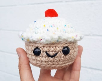 Cupcake Plush | Stuffed Decoration Plushie Toy | Small 3 Inches | Handmade Crocheted | Happy Smiling Cute | White Cream Confetti Sprinkles