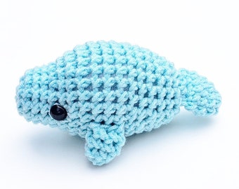 Manatee Plush | Stuffed Decoration Plushie Toy | Small 3 Inches Wide, 7 Inches Long | Handmade Crocheted | Chubby | Light Aqua Teal Blue