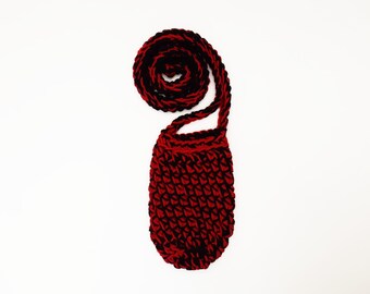 Drink Holder | Water Bottle Cozy | Portable Carrier | With Crossbody Strap Handle | Handmade Crocheted | Dark Maroon Red & Black