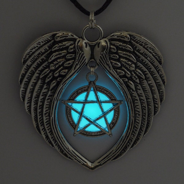 Angels Grace Glowing Necklace - Glow In The Dark Pentagram - Glowing Pendant - Aqua Glow - Supernatural Angel Wings - Supernatural Necklace