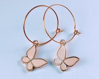 Pale Pink Enamel Butterfly Hoop Earrings: Gold Tone Dangles