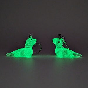 May include: A pair of glow-in-the-dark earrings shaped like green lizards. The earrings have silver hooks.